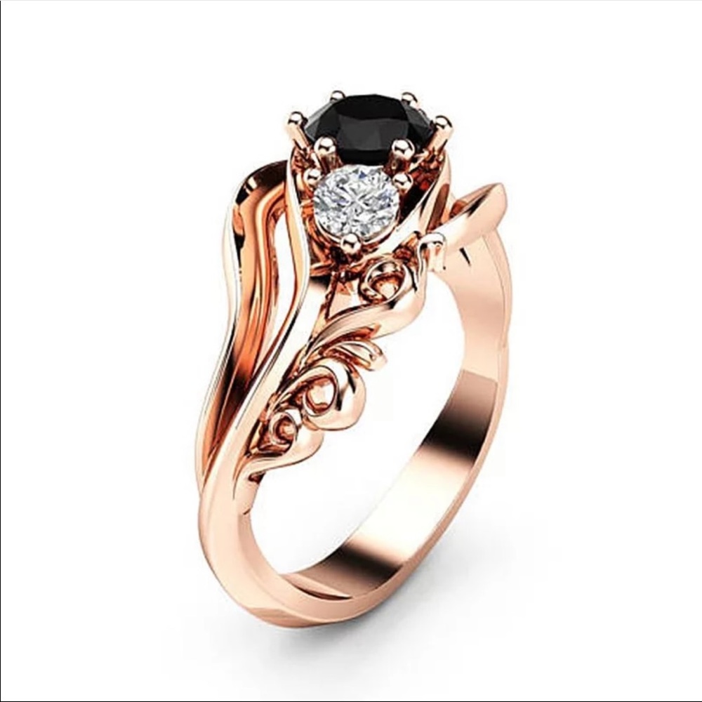 New Rose Gold Plated Unique Black Stone Prong Setting Twist Band Sapphire Ring